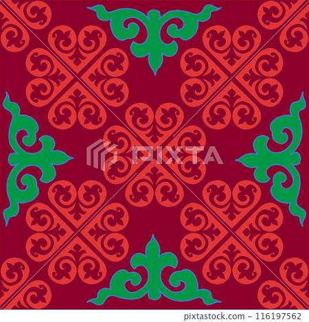 Real Tatar seamless pattern. Islamic floral geometry. Culture of the Tatar people, symbols of green and red. Real Tatar seamless pattern. Islamic floral geometry. Culture of the Tatar people, symbols of green and red. 116197562