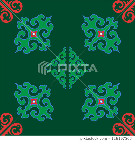 Real Tatar seamless pattern. Islamic floral geometry. Culture of the Tatar people, symbols of green and red. Real Tatar seamless pattern. Islamic floral geometry. Culture of the Tatar people, symbols of green and red. 116197563