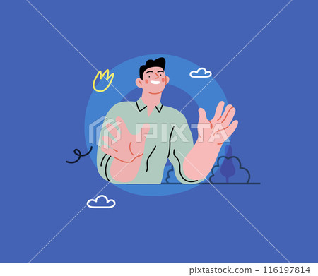 Creative Workspace: Video Conference, modern flat vector concept illustration of person engaging in virtual business meeting Connectivity, collaboration, digital interaction, remote work, productivity 116197814