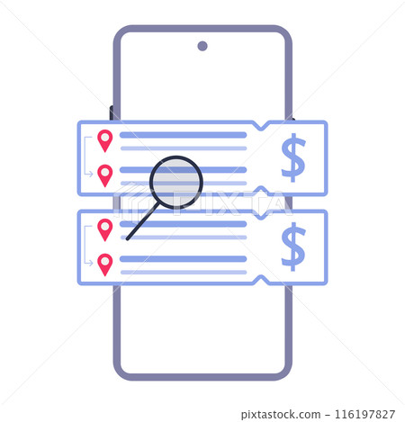 Smartphone screen showing location-based price comparisons for two tickets. Smartphone screen showing location-based price comparisons for two tickets. 116197827
