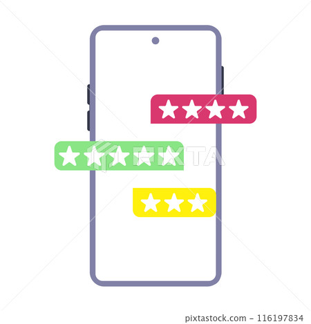 A smartphone with a white screen is showing three customer ratings, each displayed as a bar of five stars with different colors A smartphone with a white screen is showing three customer ratings, each displayed as a bar of five stars with different colors 116197834