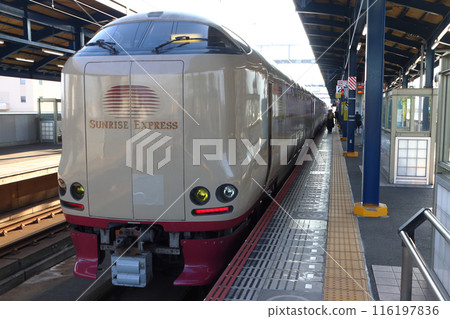 Sunrise Seto sleeper express train stopped at Sakaide Station 116197836