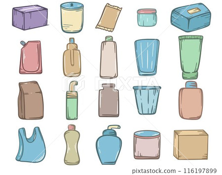 Set of various packaging - bottle, box, jar, bag and others 116197899