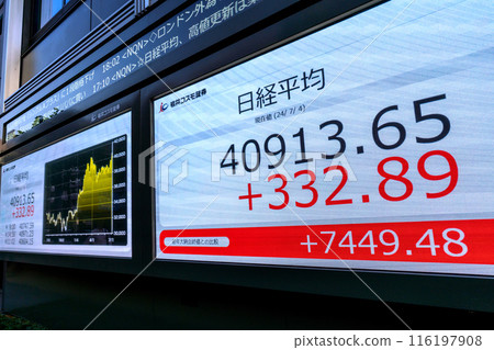 Tokyo cityscape in Japan Nikkei average breaks 40,000 yen, breaking the 40,913.65 yen mark...stock price board/closing price = 4th, Nihonbashi Kabutocho 116197908