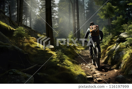 man on bike at nature, extreme bicycle sport at mountain and forest, generative AI 116197999
