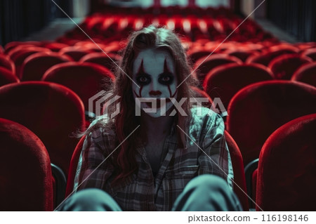 Young woman with scary clown makeup sitting in empty cinema theater 116198146