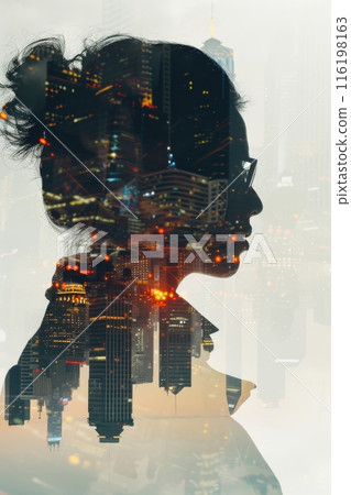 Businesswoman profile overlapping with cityscape at night 116198163