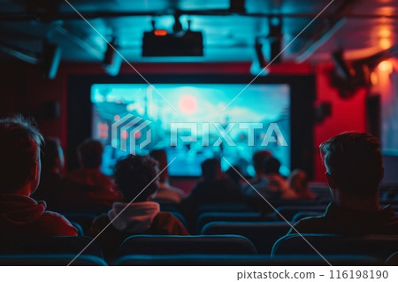 Audience watching action movie in dark cinema theater 116198190