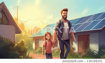 happy family of father and son stay by eco friendly house with solar panels, renewable energy 116198281