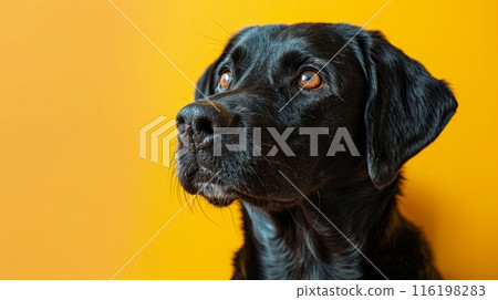 Black labrador dog staring up with a yellow background 116198283