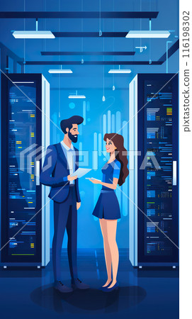 two engineer technician provide maintenance in server room, man and woman check database 116198302