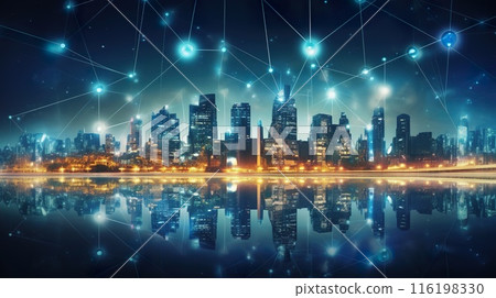 communication and network in big city, data exchange in modern world concept, generative AI 116198330