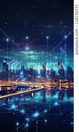 communication and network in big city, data exchange in modern world concept, generative AI 116198335