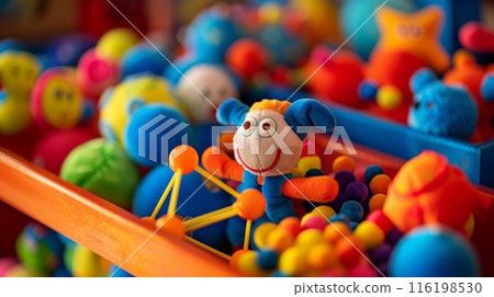 A childs toy box is filled with plush versions of protons neutrons and electrons making science fun 116198530