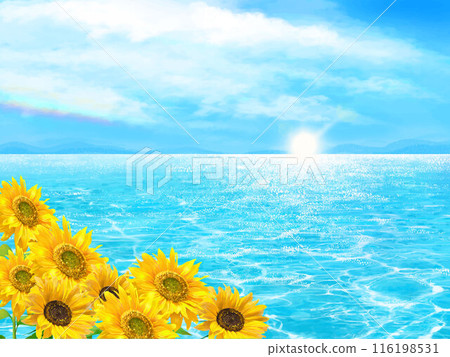 Vector illustration of a summer image of sunflowers blooming under the blue sky of cumulonimbus clouds, clouds, and rippling waves of the sea 116198531