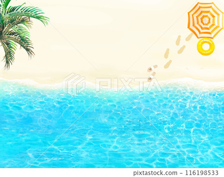 Palm leaves, floating rings and striped parasols on a beautiful beach seen from above Summer fashionable frame background material 116198533