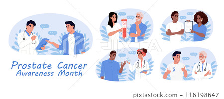 Prostate Cancer awareness month. Prostate symptoms, diagnosis and treatment. A doctor is talking to a patient. Prostate Cancer awareness month. Prostate symptoms, diagnosis and treatment. A doctor is talking to a patient. 116198647
