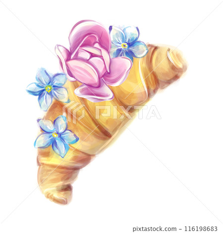 Watercolor croissant with flowers in a romantic style. French breakfas. Bakery clipart. 116198683