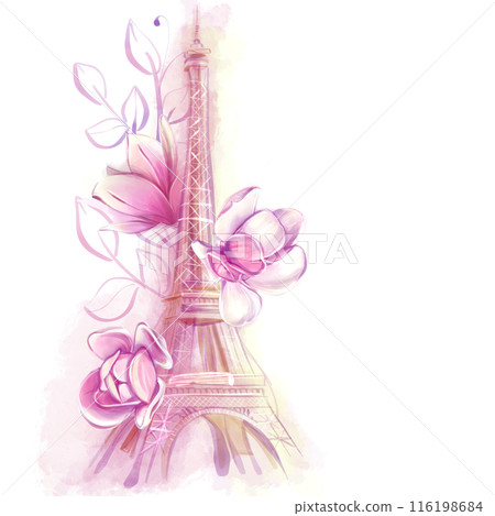 Eiffel bath watercolor drawing with magnolia flowers. Spring watercolor illustration. Flowers and Paris. 116198684