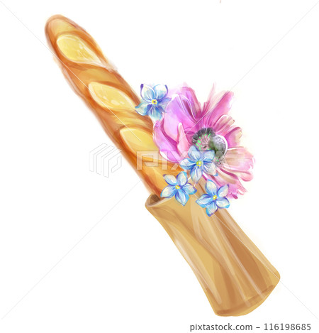 French baguette with watercolor flowers, baking, breakfast. Bag of baguettes. Hand-drawn bakery products illustration. 116198685