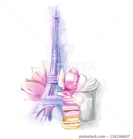 Eiffel tower with magnolias, spring clipart. coffee and macarons, breakfast. French tourism, attractions. Watercolor illustration, sketch. 116198687
