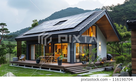 Modern villa hung with solar panels 116198704