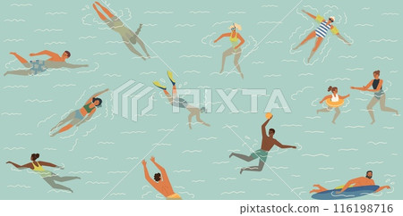 Diverse people cartoon characters swimming in water scene 116198716