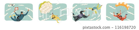 People cartoon characters parachuting flying in sky set 116198720