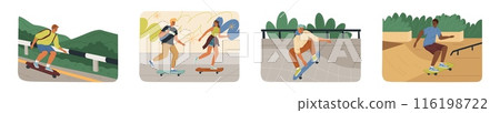 Teenage people cartoon characters skateboarding scene set 116198722