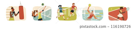 Professional woman athlete cartoon characters doing sports Professional woman athlete cartoon characters doing sports 116198726
