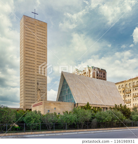 Exterior view of the Church of the Immaculate Conception in Baku, Azerbaijan, with tall tower and statue of Virgin Mary Exterior view of the Church of the Immaculate Conception in Baku, Azerbaijan, with tall tower and statue of Virgin Mary 116198931