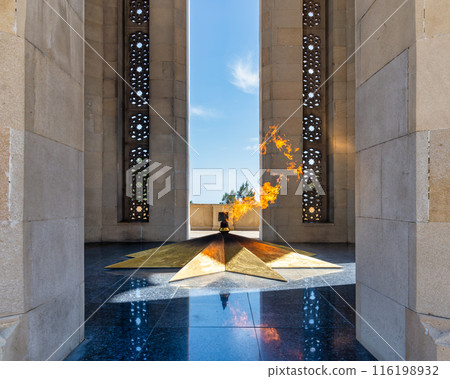 Eternal Flame at Shahidlar Monument in Baku, Azerbaijan, burning on a golden star, honoring those who died in the war Eternal Flame at Shahidlar Monument in Baku, Azerbaijan, burning on a golden star, honoring those who died in the war 116198932