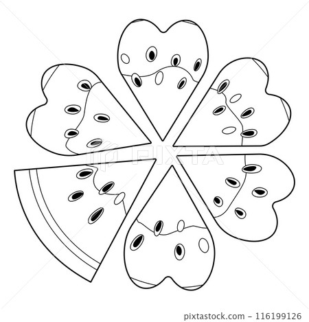 Ripe cut segmented watermelon top view heart-shaped pieces coloring page Ripe cut segmented watermelon top view heart-shaped pieces coloring page 116199126