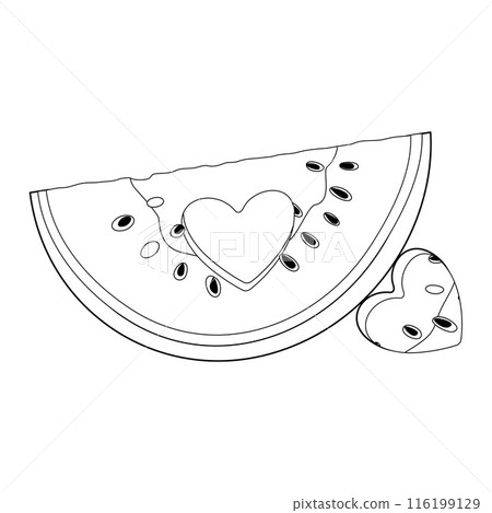Watermelon slice with heart-shaped hole line art coloring page 116199129