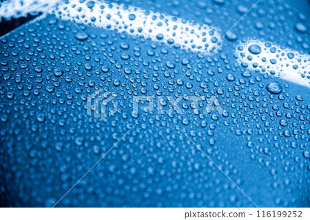 Close-up of water droplets demonstrating the hydrophobic effect on a car surface after applying a ceramic coating. 116199252