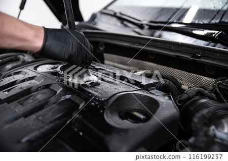 Mechanic wearing black gloves cleaning a car engine in a detailing studio Mechanic wearing black gloves cleaning a car engine in a detailing studio 116199257