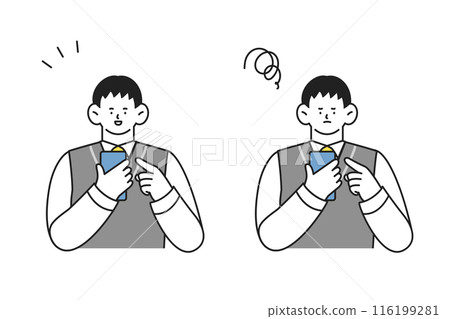 穿著制服的男學生使用智慧型手機,兩種面部表情,正面和負面,插圖集 穿著制服的男學生使用智慧型手機,兩種面部表情,正面和負面,插圖集 116199281