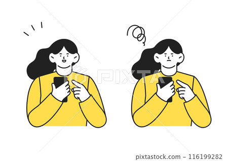使用智慧型手機的女性，兩種面部表情，積極和消極，插圖集 116199282