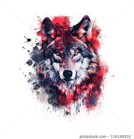 Digital artwork of a wolf's face with red and black watercolor splashes. Wildlife Animals. 116199332