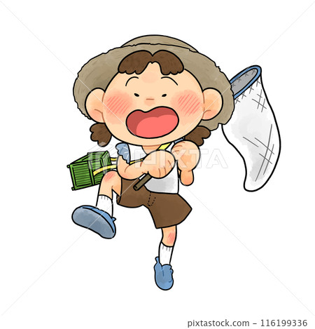 夏天_開朗的女孩捉蟲子插畫【全身】 116199336