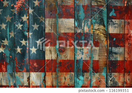 Rustic Painted American Flag on Wooden Wall: Vintage Patriotic Artwork on Weathered Wood Background 116199351