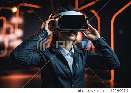 Abstract painting of a virtual world surrounding a young man wearing VR glasses. 116199674