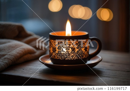 Hygge interior. Candles in glass jars and cups. Soft tones of Northern coziness and warmth. 116199717