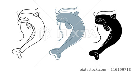 A small set with catfish in different colors. Doodle clip art for your projects. 116199718