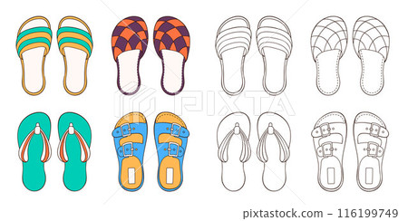 Male shoes collection for summer and home in cartoon style. Hand drawn, sketch casual footwear for man. Design for coloring book. Vector illustration isolated on a white background. 116199749