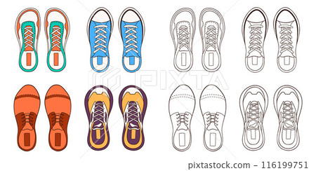 Male footwear sneakers set in cartoon style. Line casual shoes for man. Design for coloring book. Vector illustration isolated on a white background. 116199751