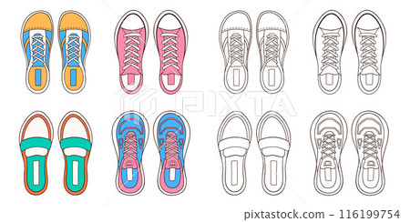 Female, women sneakers set in cartoon style. Line art casual shoes icon. Design for coloring book. Vector illustration isolated on a white background. 116199754