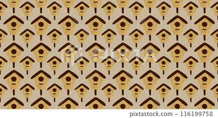 Wooden Cartoon Birdhouses Seamless pattern. Vector Flat Illustration for Decoration, Background, Template, Wallpaper, Wrapping Paper, Cover. Nest and birdwatching, Spring Backdrop 116199758