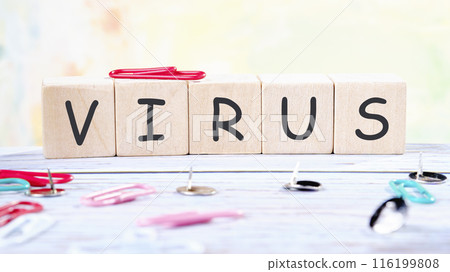 VIRUS word it is made of wooden cubes on a colored background VIRUS word it is made of wooden cubes on a colored background 116199808