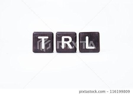 TRL technology readiness level. TRL words on dark cubes on a white background 116199809